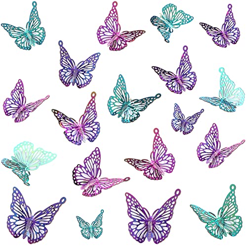 Coume 100 Pcs Butterfly Filigree Charms Stainless Steel Rainbow Etched Metal Embellishments Multicolor Pendants for Jewelry Making Necklace Earring DIY Crafts, Hole 1.2 mm