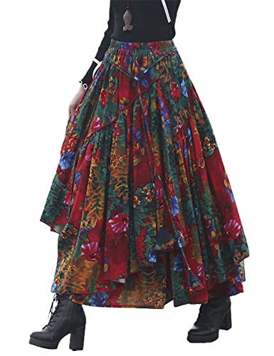Skirts for Womens Elastic High Waisted Aline Printed Floral Vintage Retro Pleated Maxi Fall Winter Long Skirts(Print 4, L)