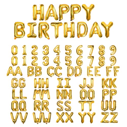 [85 PCS] 16" Gold Letter Number Balloons, Happy Birthday & 2 Sets of A-Z 0-9, Foil Mylar Aluminum Hanging Alphabet for Graduation New Year eve Birthday Party Decorations