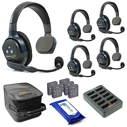 Eartec UL5S Ultralite Full Duplex Wireless Headset Communication for 5 Users - 5 Single Ear Headsets with SolidSignal Cleaning Wipes Bundle