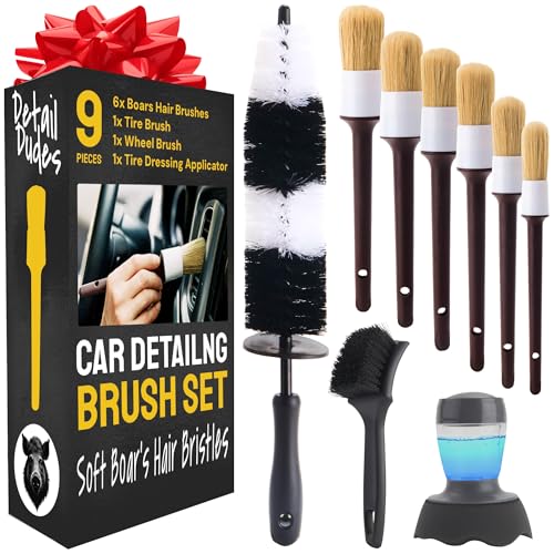 Detail Dudes Car Detailing 9pcs Set - 6 Ultra Soft Boar Hair Brushes for Interior & Exterior Cleaning - Complete Kit Wheel & Rim Brush, Rinse Cup for Dashboard and Tire Brus