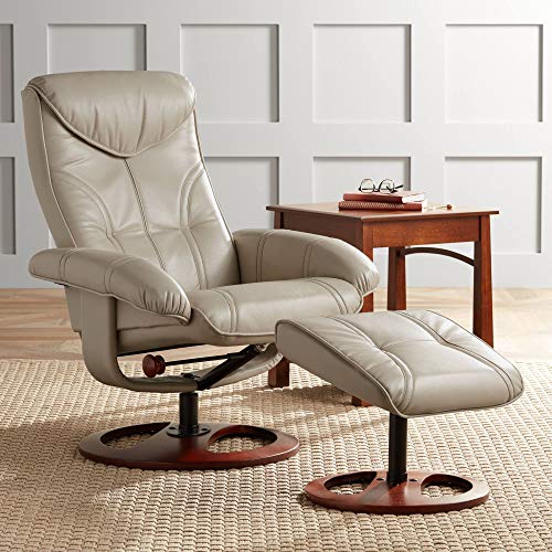 Benchmaster Newport Taupe Swivel Faux Leather Recliner Chair with Ottoman Footrest Modern Armchair Ergonomic Manual Reclining Adjustable Upholstered for Bedroom Living Room Reading Home Relax