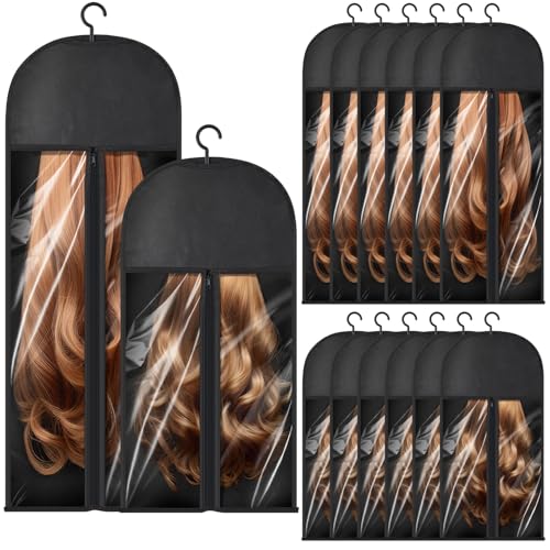 Wowangce 14 Pcs Extra Long Hair Extension Wig Storage, Wig Bag Storage with Hanger, Two Size Wig Storage for Multiple Wigs, Dust Proof Wig Hanger for Store Hair Extensions,wigs Accessories, Black