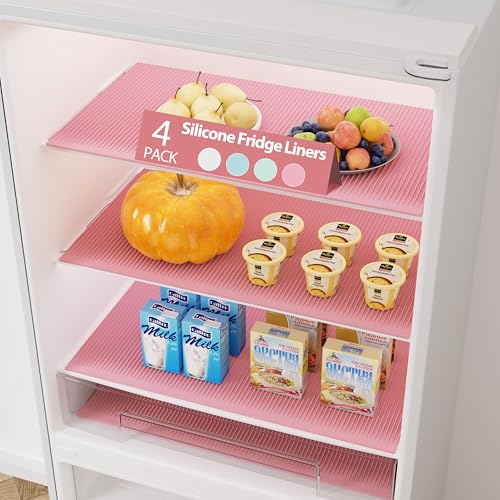GOYLSER Silicone Refrigerator Liners Fridge Liner and Mat Recyclable, Protect Against Spills Refrigerator Shelf Liners for Glass Shelves, 4Pack Waterproof Drawer Covers Pads, 17.7"x11.8", Pink