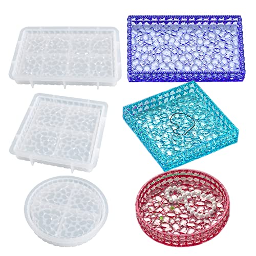 3PCS Diamond Resin Tray Mold with Edges, Silicone Tray Molds for Resin Casting, Square Rectangle Round Epoxy Mold DIY Jewelry Plate Box Candle Holder Container Art Craft Making Supplies
