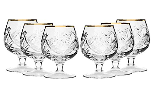 SET of 6 Russian Cut Crystal Stemmed Snifter Goblet for Cognac Scotch Whiskey, 24K Gold Rimmed 7 Oz. Glass, Vodka Liquor Old-fashioned Glassware, Hand Made