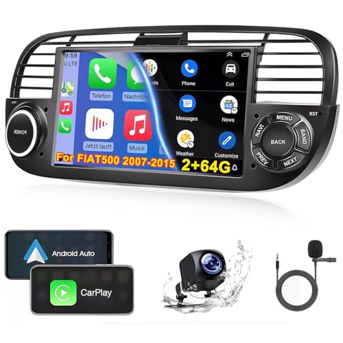 Fiat 500 Stereo 2007-2015 Car Stereo with CarPlay & Android Auto 7 Inch IPS 2+64G with Mic Backup Camera GPS/WiFi/FM/USB/Mirror Link