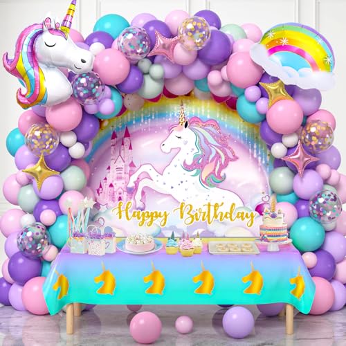 Winrayk 144Pcs Purple Unicorn Party Decorations Birthday Supplies for Girls, Unicorn Balloon Arch Kit Backdrop Tablecloth Foil Balloon, Unicorn Themed Supplies Kid Rainbow Unicorn Birthday Decorations