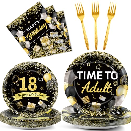 96 Pcs 18th Birthday Party Plates and Napkins Party Supplies Time To Adult 18 Years Old Birthday Party Tableware Set Black Gold 18th Birthday Decorations Favors for Boys Girls for 24 Guests