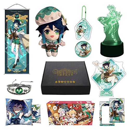 MOTAO Genshin Impact Box, 349Pcs Merch Set with Night Light, Doll, Poster, Pillowcase, Stand Figure, Bracelet, Badge, Keychain, Card Holder, 30 Cards, 30 Postcards, 280 Stickers (Venti)