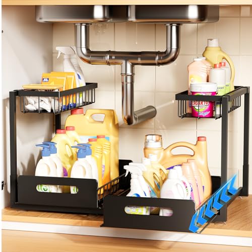 Under Sink Organizer 2 Pack,Metal Pull Out Cabinet Organizer Shelf,Kitchen Bathroom Organizers and Storage with Sliding Drawer,Storage Shelves,Storage and organization for Home,Laundry,RV,Pantry,Spice