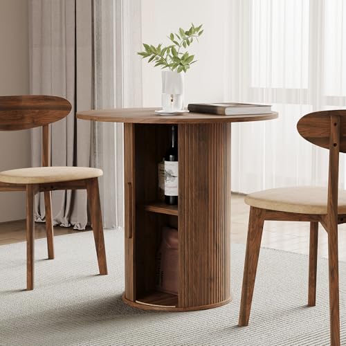 31.5" Round Dining Table for 2-4, Modern Farmhouse Kitchen Table with 2-Tier Storage Shelf, Small Wooden Circle Dining Tables with Fluted Base for Home Dining Room Living Room (Walnut)