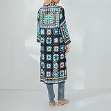 Women Vintage Crochet Granny Square Cardigan Jumper Long Sleeve Open Front Floral Knit Sweater Knitwear Long Cardigan (Blue, One Size)