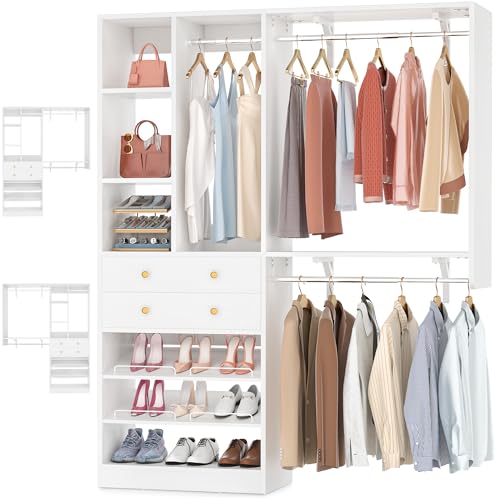 Besiost Closet System - 5FT Small Closet System with Drawers, 60" Closet Organizer System with Reversible Hanging Shelving, Closet Systems for Small/Walk-in Closets, White