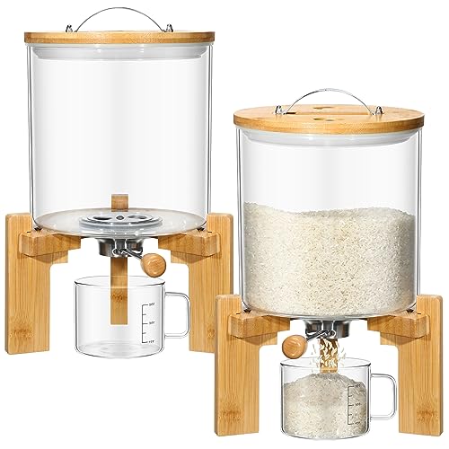 Zhehao 2 Pcs Glass Rice Dispenser 5L Flour Cereal Rice Storage Container Creative Rice Holder with Wooden Stand, Airtight Lid and Measuring Cup for Pantry Sugar Coffee Beans Kitchen Food Organization