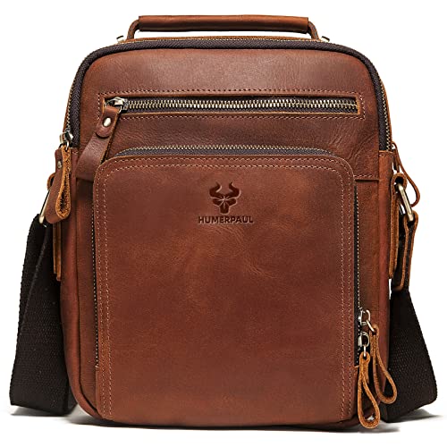 HUMERPAUL Crossbody Bag Shoulder Bag for Men, Genuine Leather Man Bag Vintage Messenger Bag for Travel Work Business,Brown