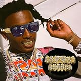 MEDOJO 80 90s Hip Hop Costume Outfit Kit Fake Gold Chain Dollar Sign Cap CZ Grillz Teeth Rapper Accessories Set