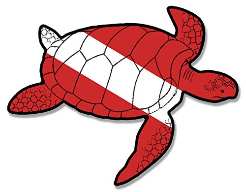 Sea Turtle Shaped Scuba Dive Flag Sticker (Diver Down Red White Diving Vinyl Decal for Kayaks, Boats, Trucks, Cars (3 x 4 inch)