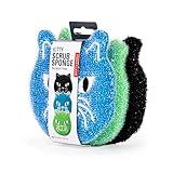 Kikkerland Kitty Cat Scrub Reusable Sponges, for Scrubbing, Cleaning, Dishwashing,Kitchen Scrubbers, Set of 3, Black/Green/Blue