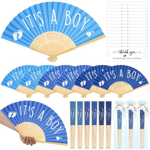 Threehoney 25 Sets Baby Shower Party Favor Guests Baby Shower Fans Folding Handheld Paper Fans Gender Reval Party Prizes Gift Babyshower Souvenirs for Game (Boy)