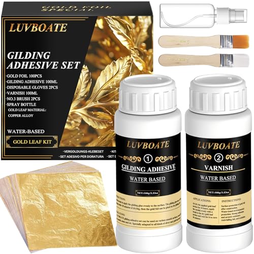 Gilding Adhesive Set, LUVBOATE Gold Leaf Kit, 3.53oz Water Based Adhesive and 3.53oz Varnish with Gold Leaf Sheet 100 pcs, Gold Foil Set for Arts, Craft, Painting, Furniture and Decoration