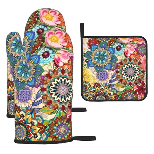 Boho Floral Oven Mitts and Pot Holders Sets of 3, Heat Resistant Non Slip Colorful Flowers Kitchen Gloves Hot Pads, Chef Cooking Baking Gifts for Women Bakers, Kitchen Gifts for Cooking Lover Cooks