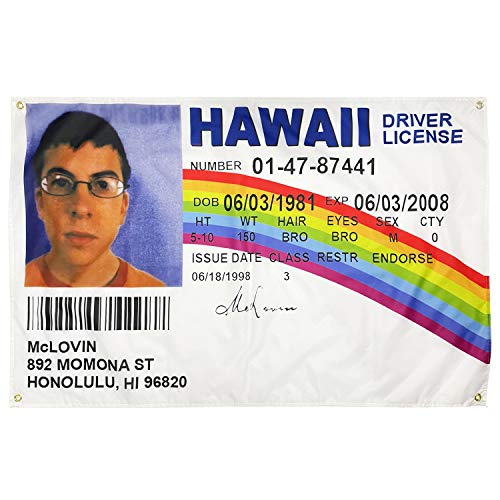 WYFGL 3×5 FT McLovin Fake ID Flag Driver License Flag with 4 Brass Grommets 100D Double Stitched Funny Banner Decor for Dorm College