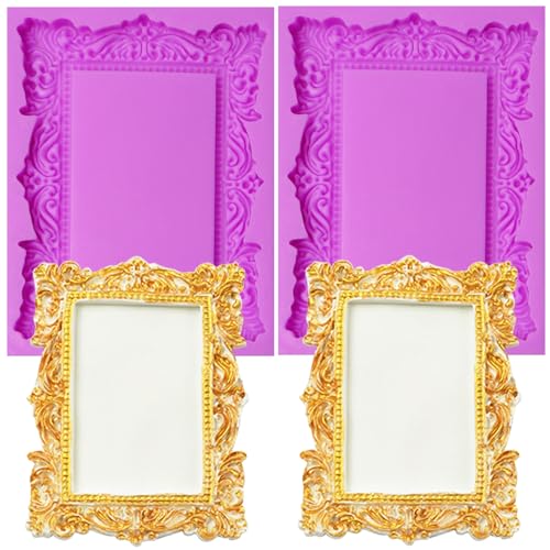 Baroque Photo Frame Fondant Silicone Molds, 3D Picture Mirror Frame Cake Decoration Molds for Chocolate Candy Sugar Craft Gum Paste Cookies Resin Clay Set of 2