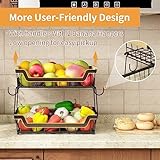 GILLAS 2 Tier Countertop Fruit Basket with 2 Banana Hangers for Kitchen, Detachable Metal Organizer for Bread Vegetable Fruits with Wooden Handle, Large Capacity Rectangular Storage Stand Bowls, Black