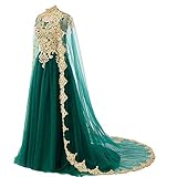 Plus Size Gold Lace Vintage Long Prom Evening Dresses Wedding Gowns with Cape Emerald Green US 22W