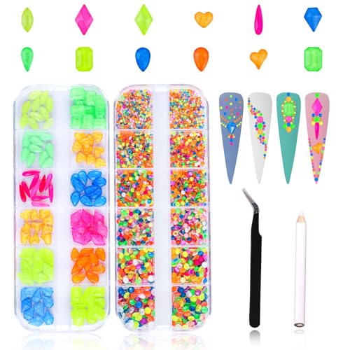 3120Pcs Diamond Nails Rhinestones for Nail Art, HOINCO Colorful Fluorescence Rhinestones for Nails, Multi Shapes Clear AB Flat Back Gemstones for Women Nail Art DIY Craft Jewelry with Tweezers and Pen