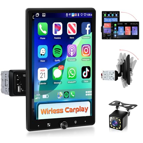 Podofo 10.4" Single Din Radio Car Stereo with Wireless CarPlay & Android Auto, Rotatable Touch Screen, Bluetooth, 16-Band EQ Audio, Mirror Link, SWC, FM, USB, TF, Backup Camera