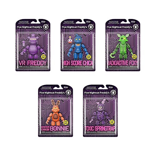 Funko Action Figures - FNAF Glow Five Nights at Freddys Set of 5 - VP Freddy, High Score Chica, Radioactive Foxy, System Error Bonnie and Toxic Springtrap