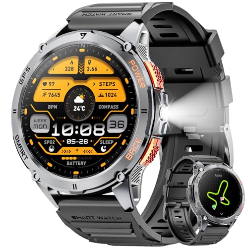 Military Smart Watch for Men with GPS, 1.43" AMOLED Bluetooth Call Smartwatch with LED Flashlight, Rugged Smart Watches for Android iOS, IP68 Waterproof Fitness Tracker with Heart Rate (Black)