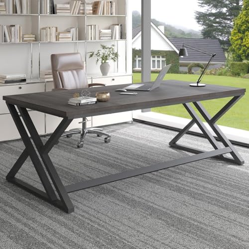 LVB 78.7 Long Executive Desk, Modern Large Computer Office Desk, Wood Metal Simple Pc Study Gaming Writing Table, Industrial Laptop Desk Workstation for Home Bedroom Living Room, Dark Gray, 78.7 Inch