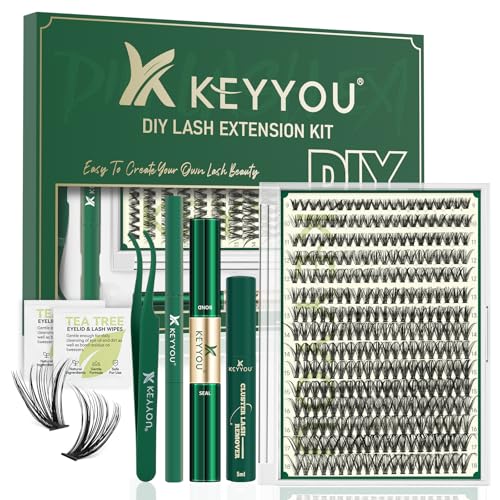 DIY Lash Extension Kit KEYYOU 300Pcs Individual Eyelash Extension Kit 40D 0.07D Curl 9-18MIX Lash Clusters Kit with Lash Glue Remover Applicator Easy to Use for Beginners(Kit-40D-0.07D,9-18MIX)