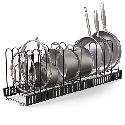 Expandable Rack for Cabinets - Vdomus Adjustable Black Pot Rack with 4 DIY Storage Positions - Holds up to 14 Pans, Pots, or Lids - Durable Iron Pot Stacker for Kitchen Organization - 8.5"x 31"x11.5"