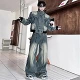 Mens Standing Collar Patchwork Short Denim Jacket And Loose Street Baggy Jeans 2 Pieces Sets Blue XL