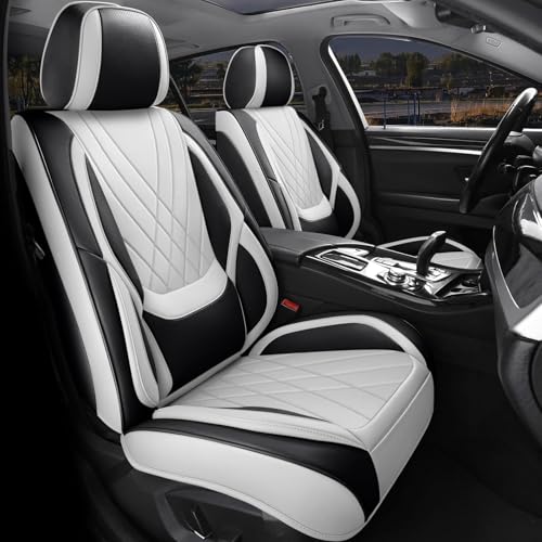 XINGSILUC Car Seat Covers Full Set, Luxury Faux Leather Car Seat Covers, Waterproof Non-Slip Seat Protector Universal Fit for Most Cars SUVs Trucks Pick-ups (Black&White)