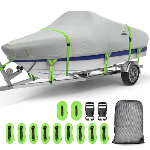 UIRWAY Boat Cover Waterproof, Heavy Duty 1200D Boat Tarp with Reflective Strips, Bass Boat Covers for Trailering & Mooring, Fits V-Hull Fishing Runabout Yacht, Length: 20'-22' Beam Width up to 100"