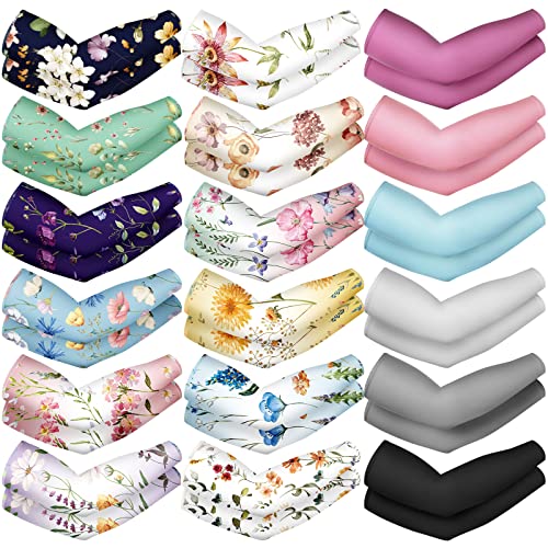 18 Pair Gardening Arm Sleeves UV Sun Protection Arm Sleeves for Women Men Flower Pattern Solid Color Cooling Sleeves Summer Farmers Sleeves Compression Protective Arm Cover for Work Sport Cycling