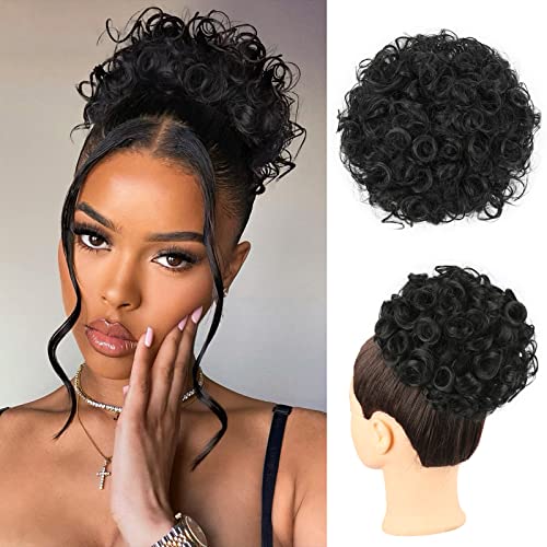 Oseti 1PCS Messy Bun Hair Piece Large Black Hair Buns Hair Pieces Curly Fake Hair Bun Clip on Ponytails for Women Updos Short Synthetic Bun Drawstring Ponytail Extension for Black Women (1B)