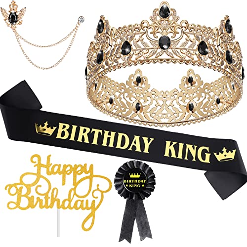 Junkin 5 Pieces Birthday Accessories Include Man King Crown King Sash Tinplate Badge Pin Crown Brooch Hanging Chain Men Decoration for Man Birthday Party (Vibrant Style)