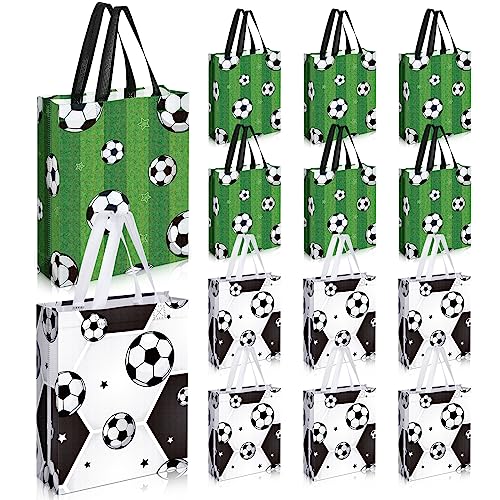 Silkfly 30 Pcs Soccer Gift Bags with Handle Soccer Ball Party Supplies Reusable Goodie Bags Non Woven Birthday Party Supplies Goody Bag for Boys Girls, 2 Styles, 10 x 12 Inch
