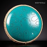 HOPWELL Steel Tongue Drum - 15 Note 12 Inch Tongue Drums - Percussion Instruments - Hand Pan Drum with Music Book, Drum Mallets and Carry Bag, D Major, Malachite Green