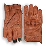 bikersgearonline Men's Premium Waxed Austin Brown Leather Perforated Motorcycle Gloves (Large)