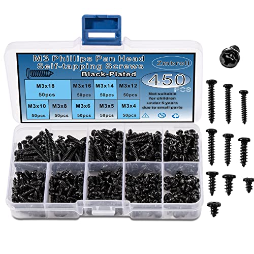 Zmbroll 450Pcs Black Wood Screws M3 Phillips Round Head Self Tapping Screws Self Drilling Metal Screws Kit Mini Carbon Steel Electronic Screws Assortment