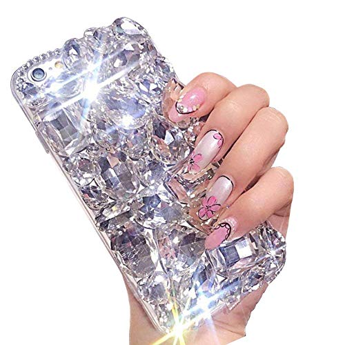 LCHDA Bling Diamond Case for iPhone 6 / iPhone 6S 4.7 Glitter Clear Crystal Full Diamonds Luxury Sparkle Transparent Rhinestone Protective Phone Case Cover with Bumper for Woman Girls - White