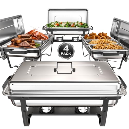 sifer Chafing Dishes for Buffet 9Qt 4 Pack [Multi-Size Food Pans] | Chafing Dishes with 80% Faster [Screwless Installation] and Stacking Design [Easy Storage] for Fathers Day Party/Wedding