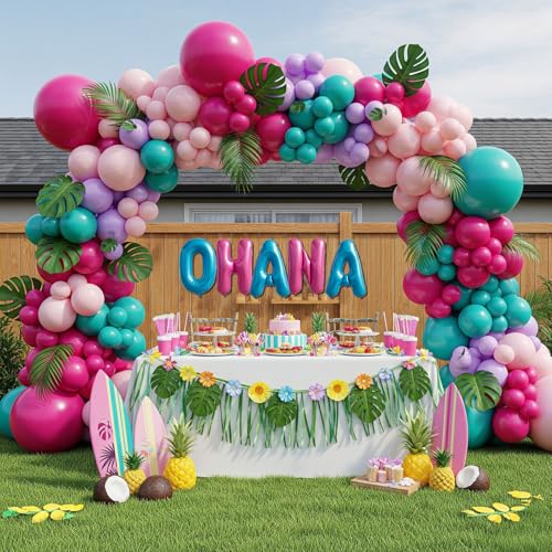 Summer Tropical Hawaii Balloon Garland Kit 152 Pcs with Hot Pink Teal Blue Purple Long Balloons For kids Birthday Party Hawaii cartoon MOIVE aloha Theme Decorations